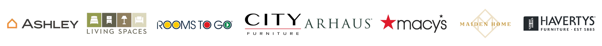 Ashley Furniture, Rooms To Go, Living Spaces, City Furniture, Havertys, Macy's, Arhaus, Maiden Home
